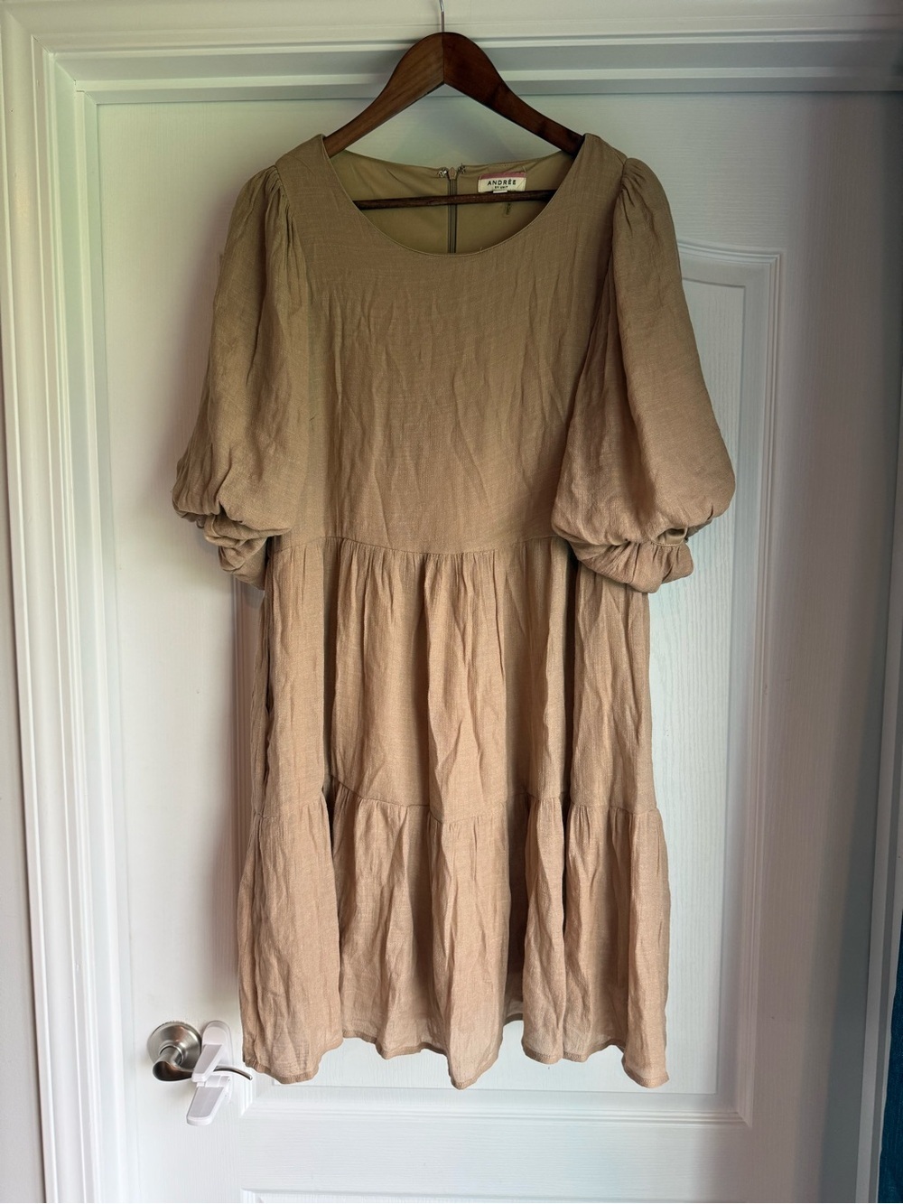 ANDREE BY UNIT Beige Puff-Sleeve Tiered Mini Dress